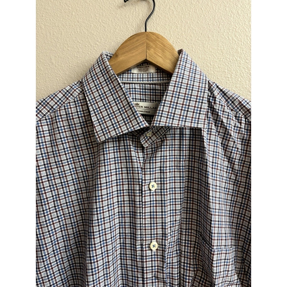 Peter Millar Crown Finish Dress Shirt Blue Red Check XL Cotton Career Office